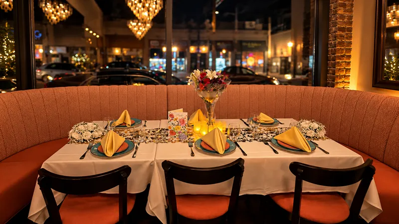 A celebration table at Rassa set with fresh flowers, candles and a golden runner by the front window on Moody Street, Waltham