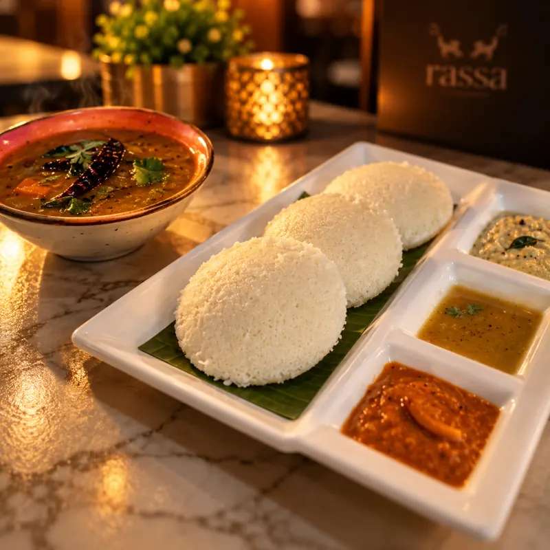 Idli with sambar and chutneys