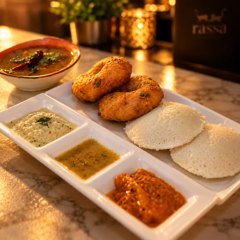 Idli and vada with sambar and chutneys