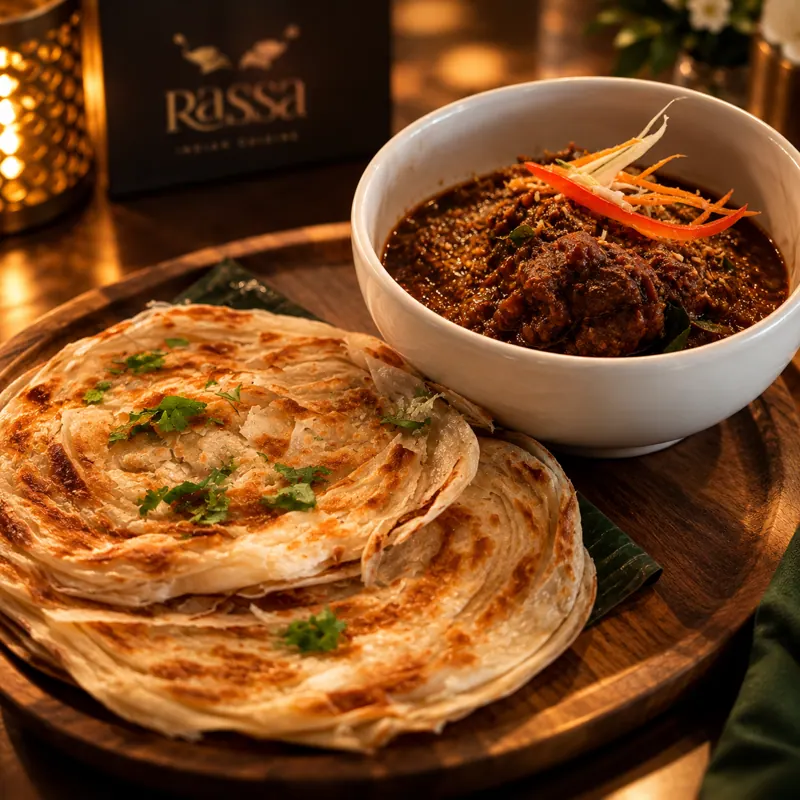 Tamil Nadu Mutton Curry with Flaky Parotta at Rassa, Waltham