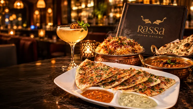 A table of uttapam, biryani and curries at Rassa